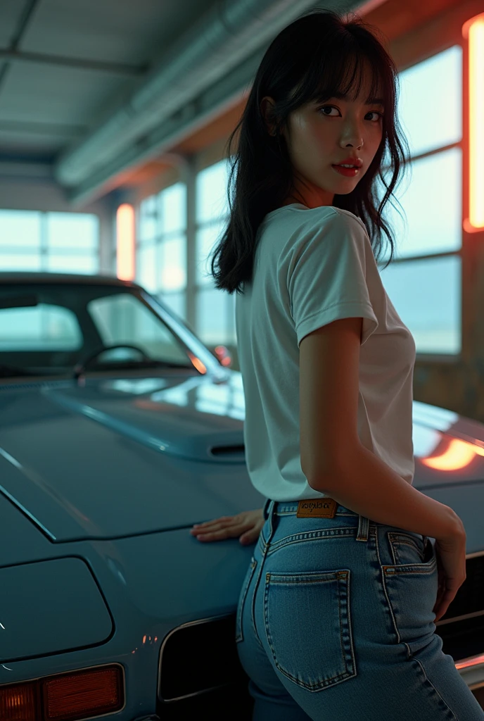 Japanese woman posing next to a car,model、  （"BUDDICA" It is written there）,Look away from the viewer, T-Shirts, Cinema Lighting, Shine、Great view point