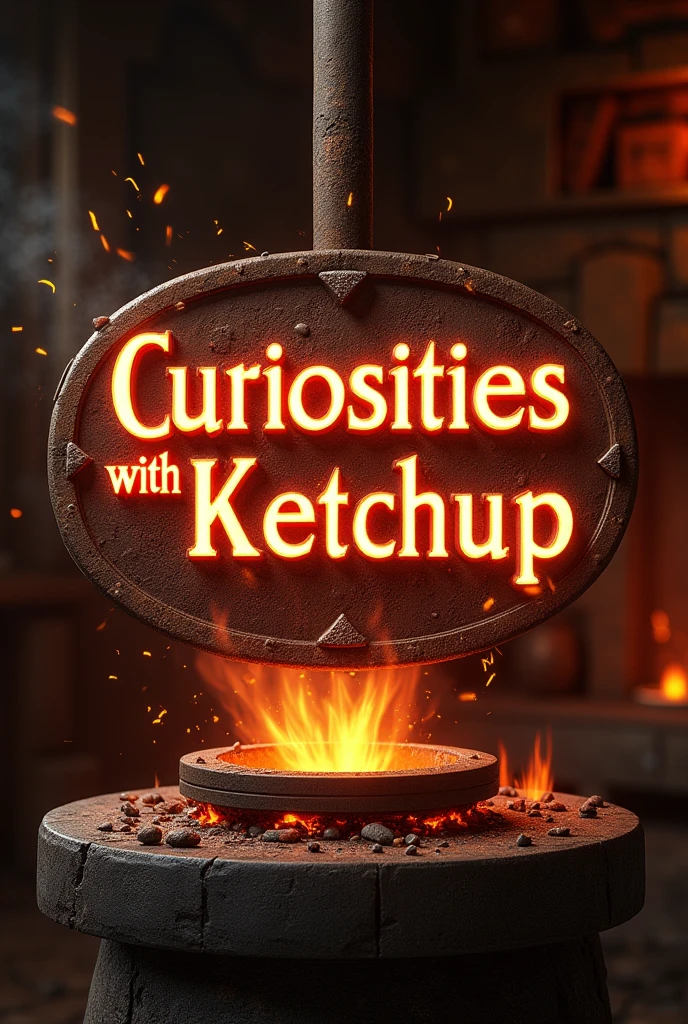 imageio: The title "curiosities with ketchup" appears in stylized letters as in the old days, with visual effects of sparks coming out of a blacksmith's hammer. The background is a medieval forge with glowing embers, creating an intense and realistic atmosphere.