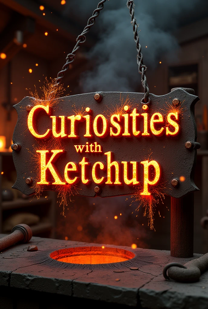 imageio: The title "curiosities with ketchup" appears in stylized letters as in the old days, with visual effects of sparks coming out of a blacksmith's hammer. The background is a medieval forge with glowing embers, creating an intense and realistic atmosphere.