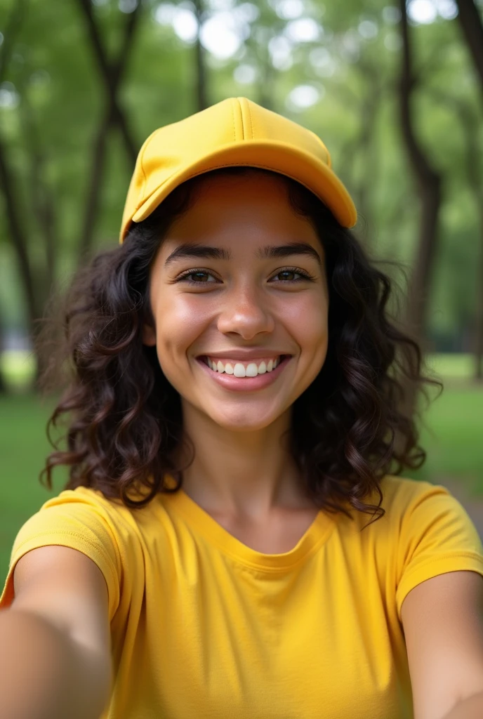 Beautiful latina woman with yellow baseball cap (taking a selfie in a big park ), Highly Detailed, 25 years old, innocent face, natural wavy hair, High Resolution, Masterpiece, Best Quality, Intricate Details, Highly Detailed, Sharp Focus, Detailed Skin, Realistic Skin Texture, Detailed Eyes, Professional, 4k, Charming Smile, Shot on Canon, 85mm, Depth of Field, Kodak Vision Color, Perfect Fit Body, Extremely Detailed, Photo_(ultra\), photoRealistic, Realistic, Post-Processing, Maximum Detail, Roughness, Real Life, Ultra Realistic, photorealism, photography, 8k hd, photography Hyper-realistic image with a lens aperture of 1.4 at a focal length of 50mm.