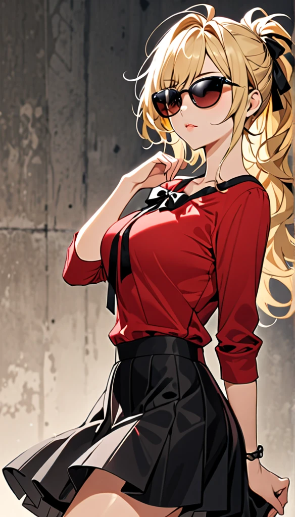 Beautiful and blond, messy styled hair, black ribbon, red top, beautiful skirts, big breasted looking fancy, sunglasses, cool posture