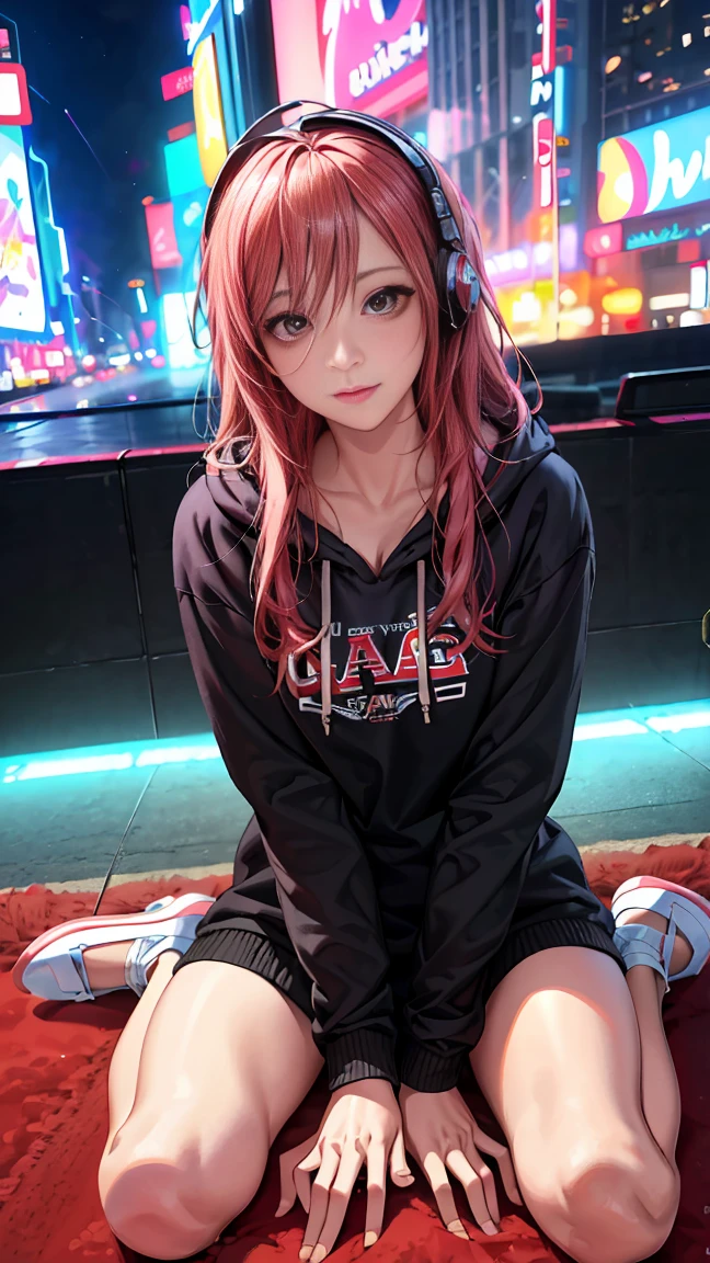(In 8K、RAW Photos、Highest quality、masterpiece:1.2)、(Realistic、Photorealistic:1.37)、Very detailed、Ultra-high resolution、1 person、alone、hoodie、Espadrilles、Straight hair、Headphones、length、(Center of the intersection)、(Sit on the ground)、night、neon、Times square、cyber punk、Physically Based Rendering、Cinema Lighting、Dynamic Angle