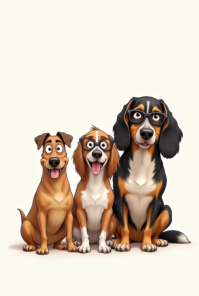 Draw three dogs as caricatures based on the following characteristics, The first is Samuel, the biggest, He is fat and has very short brown hair., wear square glasses. The second is Magda, It is the smallest, She has long hair and bangs, slightly light brown hair and the last one is Maria, The median, He has very short black hair, He also has freckles.