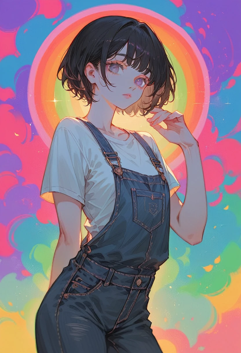 ((Colorful background))Dilated grey eyes,beautiful girl, Realistic, Long eyelashes, Very short black hair,Heavy bangs,Cool look,Lighting from the right,Wearing black overalls