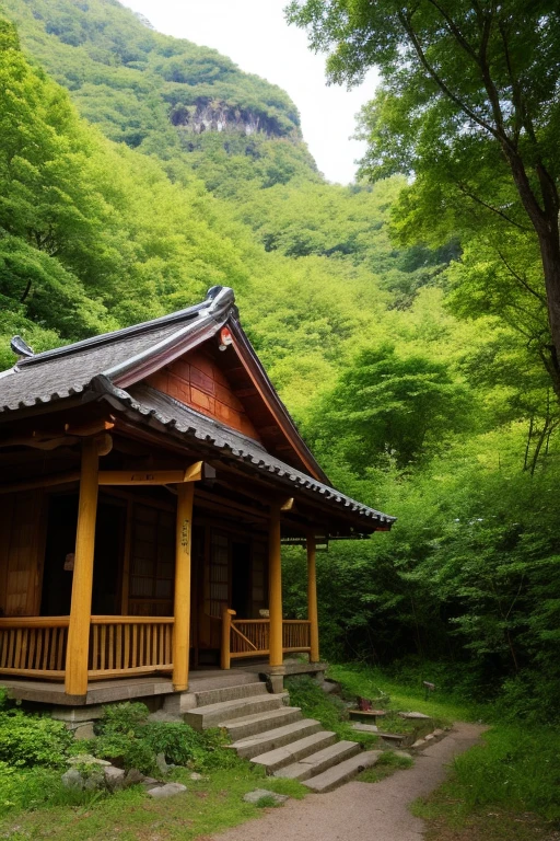 Small wooden building on the slope of a hill, Colorful valley, butn overgrowth, Red tree, ruins,Japanese Village, but, Taken with a Sony A3 camera, Stonepunk, trees and cliffs, Japanese Shrines,  