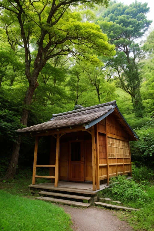 Small wooden building on the slope of a hill, Colorful valley, butn overgrowth, Red tree, ruins,Japanese Village, but, Taken with a Sony A3 camera, Stonepunk, trees and cliffs, Japanese Shrines,