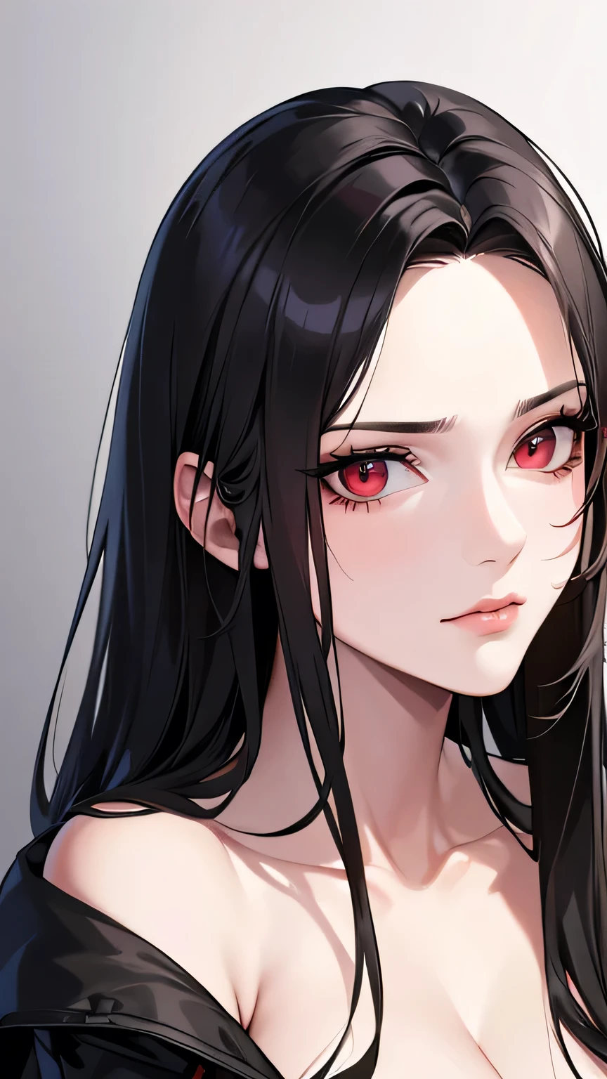 ((Highest quality)), Ultra-high resolution,Adult women, alone, sexy, (Stern face), (Red eyes), Beautiful face in every detail,(High resolution detail of human skin texture), (Black irregular long hair), Black coat,Suit pants,A mercenary woman,（have a gun in hand）,Realistic:1.4,Realistic:1.4,Dark room,((masterpiece)),Perfect and detailed eyes
