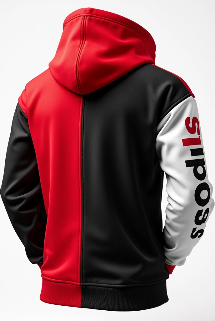 Create a red, black and white zip-up sweater, that says andoas in a sleeve