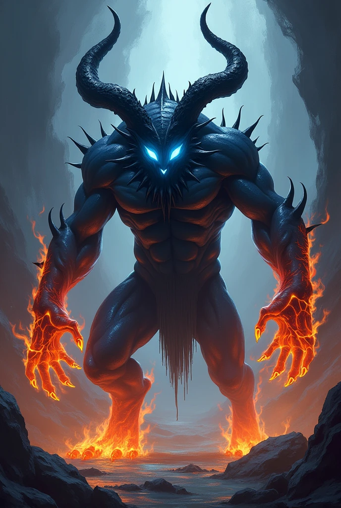The beast has 4 eyes, 4 legs, arms that are fire, blue eyes, and horns.