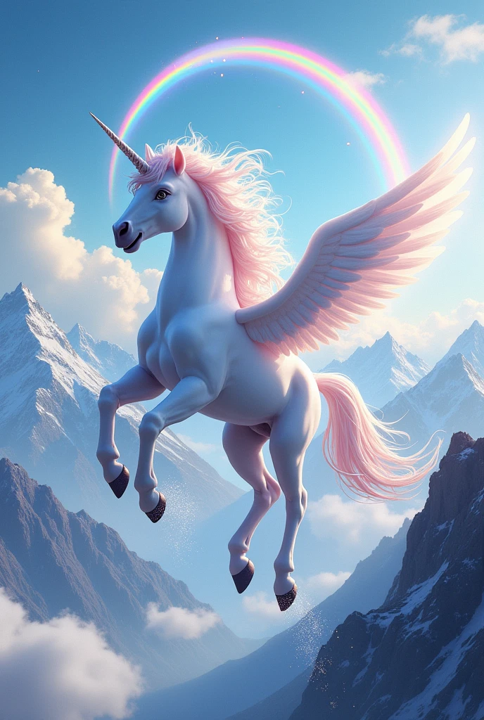 Unicorn flying over the mountains and making rainbows