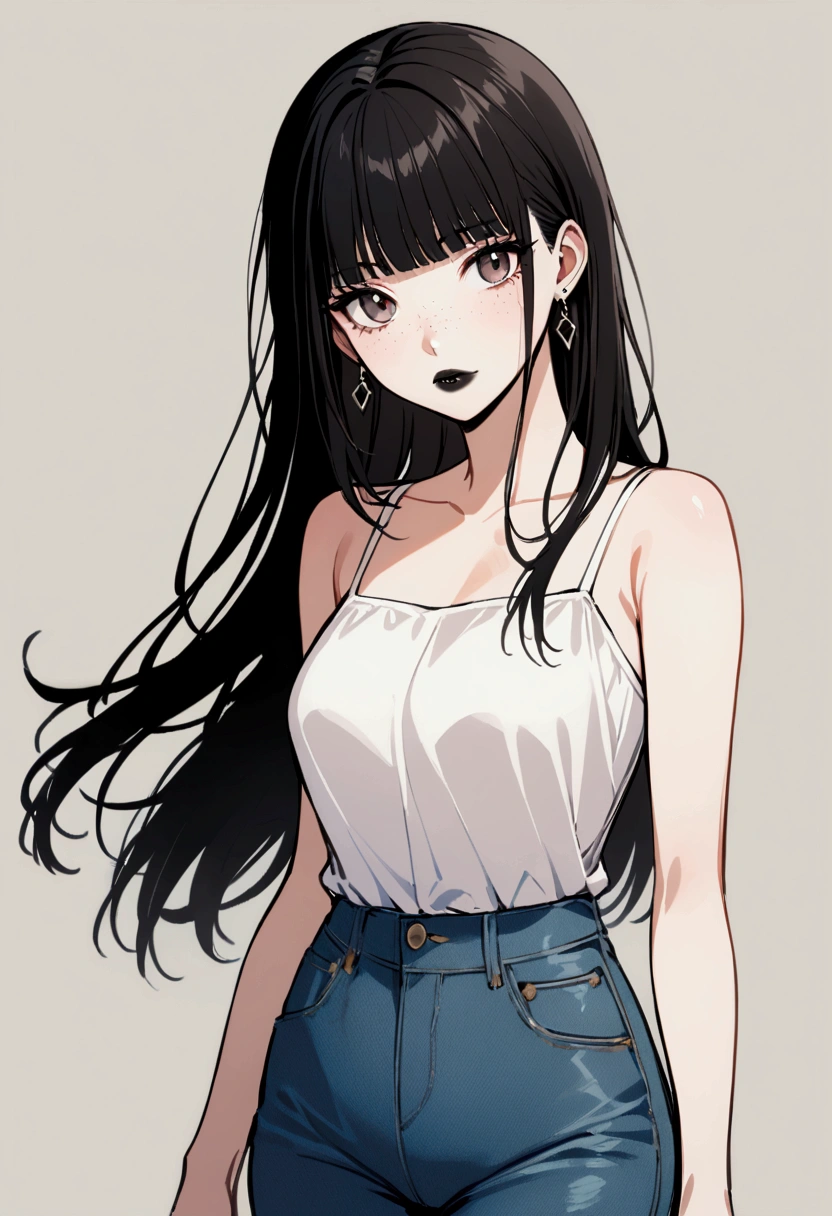 young woman, with short black hair, with bangs, wearing black lipstick and earrings, with freckles on her face, wearing a White blouse with thin straps, and jeans