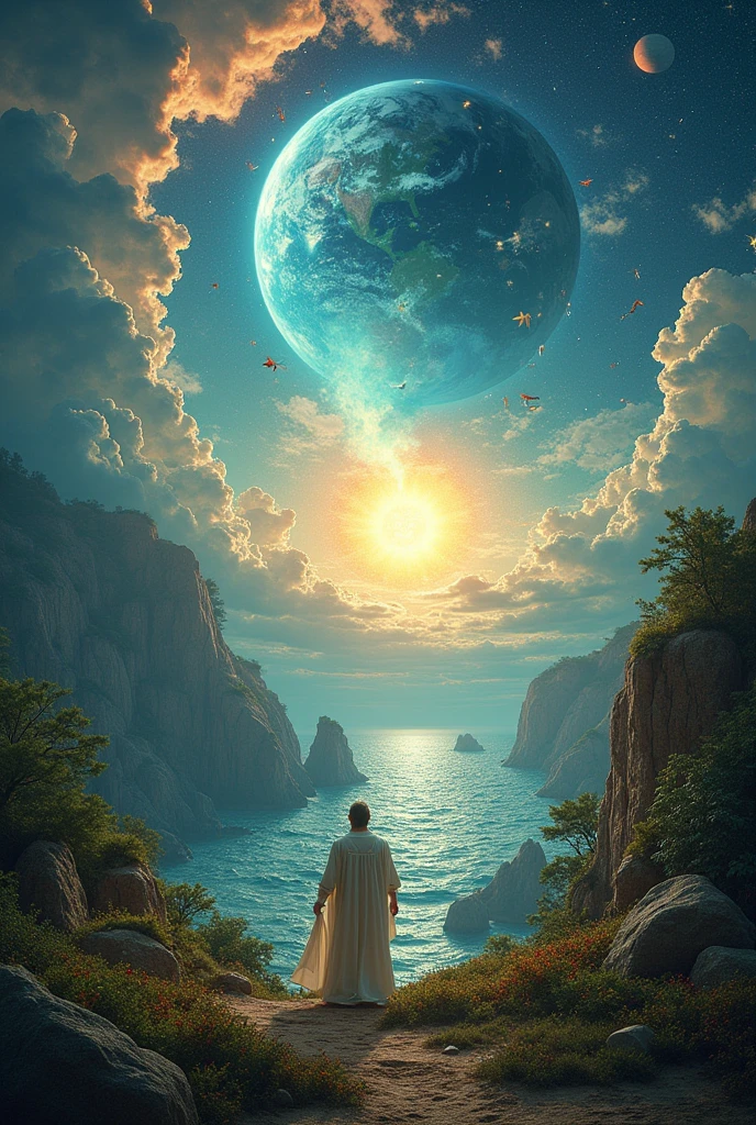 and it was assim. And God called the dry land Earth,, and the gathering of the waters he called Seas; and God saw that he was good. And God said: produce the earth green grass, herb that gives seed; árvore de fruto que dê fruto according to its kind, may your seed be in her, over the earth: and it was assim. And the earth brought forth green grass, herb that bears seed according to its nature, and tree that bears fruit, whose seed is in him, according to its kind; and God saw that he was good. and it was evening and morning, the third day. And God said: Let there be lights in the expanse of the heavens to separate the day from the night: and be by signs, and for the seasons, and for days and years; E sejam por luminares na expansão dos céus para iluminar over the earth: and it was. and made god the two great lights; the greater light so that it may exercise dominion in the day, and the lesser light to exercise dominion in the night; Also made the stars. And God set them in the expanse of the heavens, para iluminar over the earth, And to exercise dominion in the day and in the night, and to separate light and darkness: and God saw that he was good. and it was evening and morning, the fourth day. And God said: Let the waters bring forth reptiles with a living soul, e aves que voem over the earth, in the open expanse of the heavens. And God created the great sea creatures, and every living thing that walks dragging, que as águas produziram according to its kind, and every winged bird after its kind: and God saw that he was good. And God blessed them saying: Be fruitful and multiply, and fill the waters in the seas, and the birds multiply in the land. and it was evening and morning, the fifth day. And God said: Produza a terra seres viventes according to its kind, animals and serpents and beasts of the earth after their kind: and it was assim. E fez Deus animais da terra according to its kind, e gado according to its kind, e todo animal que anda arrastando over the earth segundo sua espécie: and God saw that he was good. And God said: Let us make human beings in our image, according to our likeness; and dominate the fish of the sea, and the birds of the sky, and the animals, e t