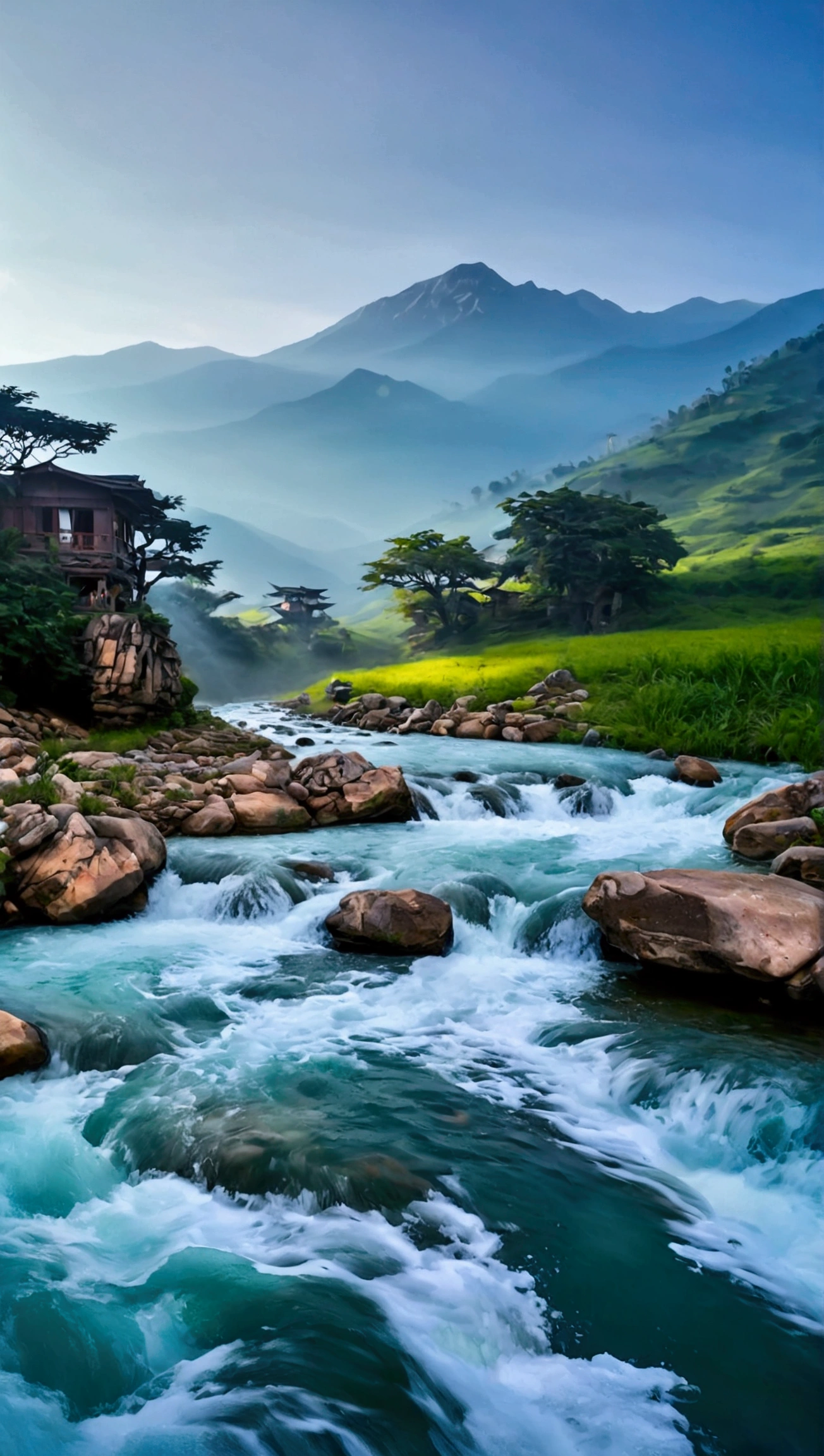 The stream is flowing,The stream is clear,The mountains are cloudy,Real and natural,Real photography