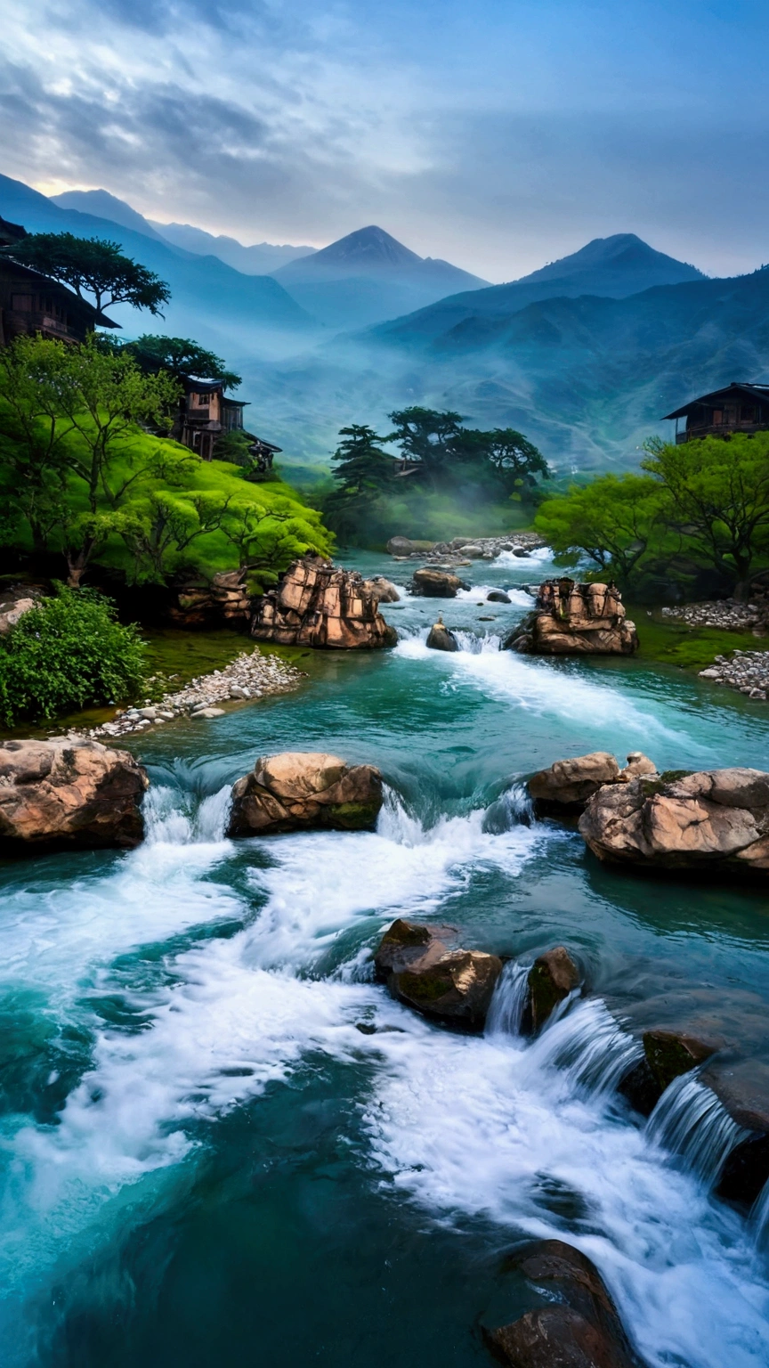 The stream is flowing，The stream is clear，The mountains are cloudy，Real and natural，Real photography