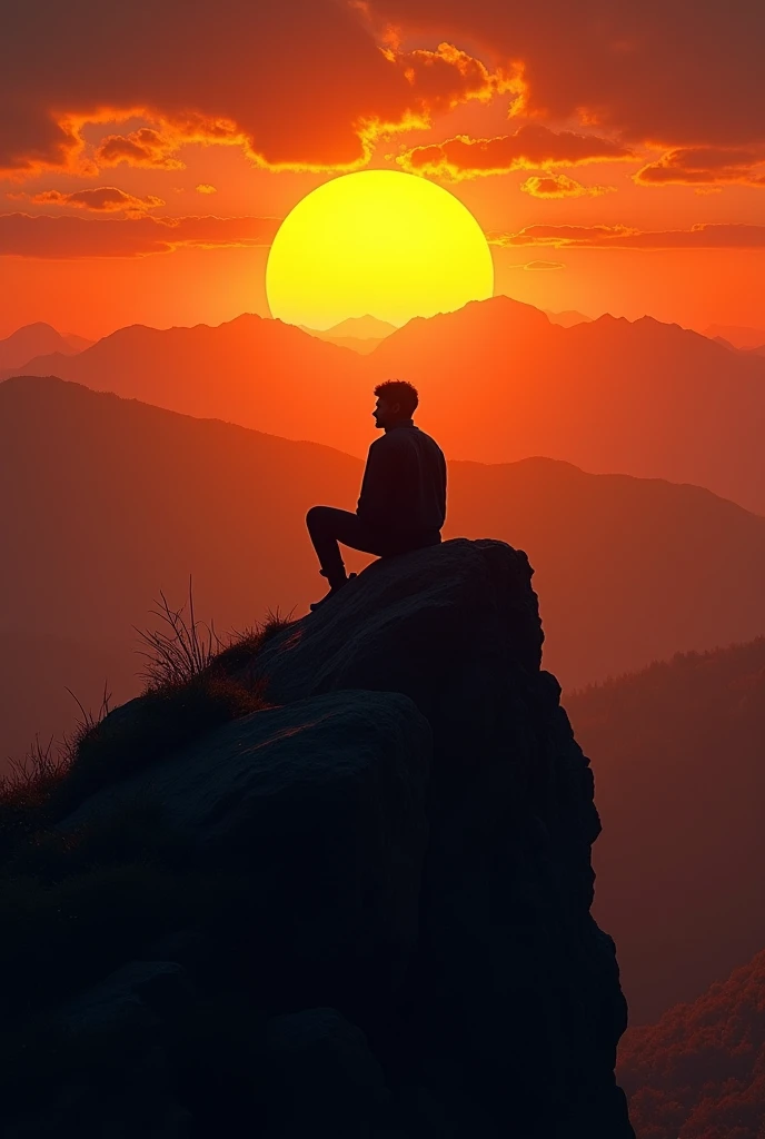Man from behind watching the sunset on top of a mountain sitting on a rock