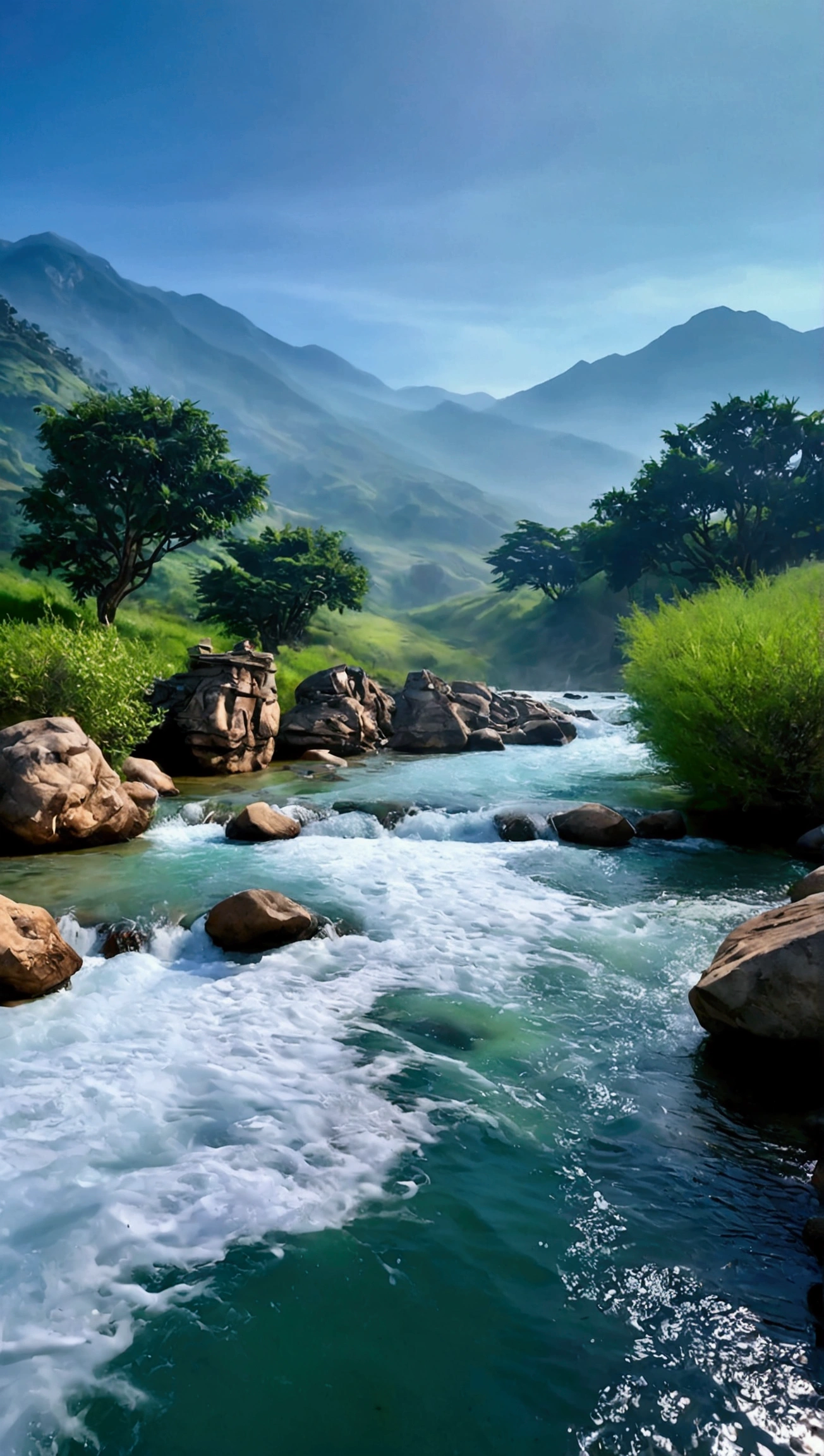 The stream is flowing,The stream is clear,The mountains are cloudy,Real and natural,Real photography