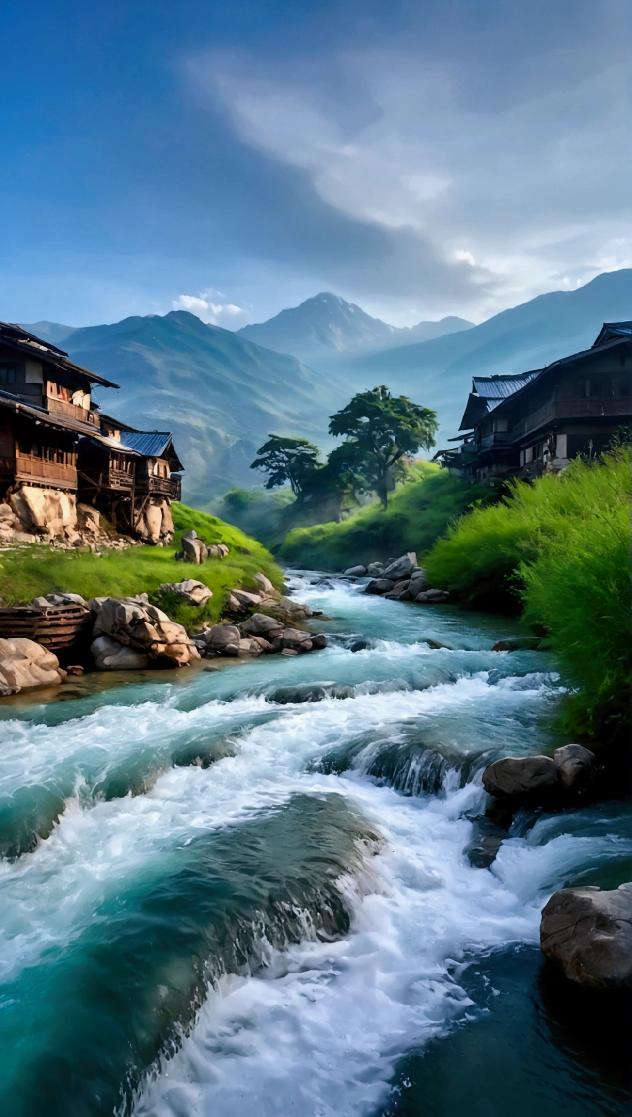 The stream is flowing,The stream is clear,The mountains are cloudy,Real and natural,Real photography
