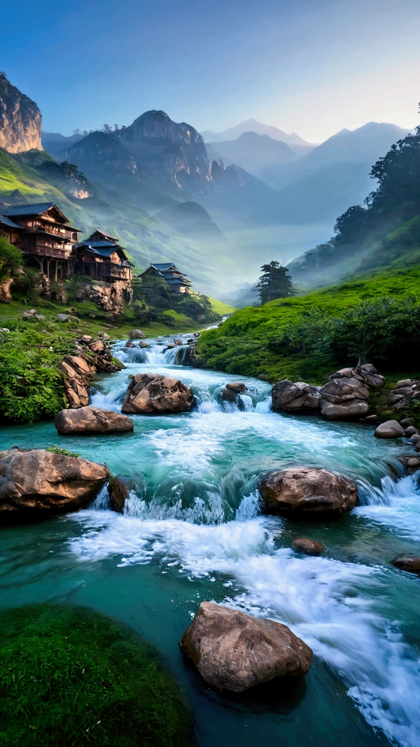 The stream is flowing,The stream is clear,The mountains are cloudy,Real and natural,Real photography