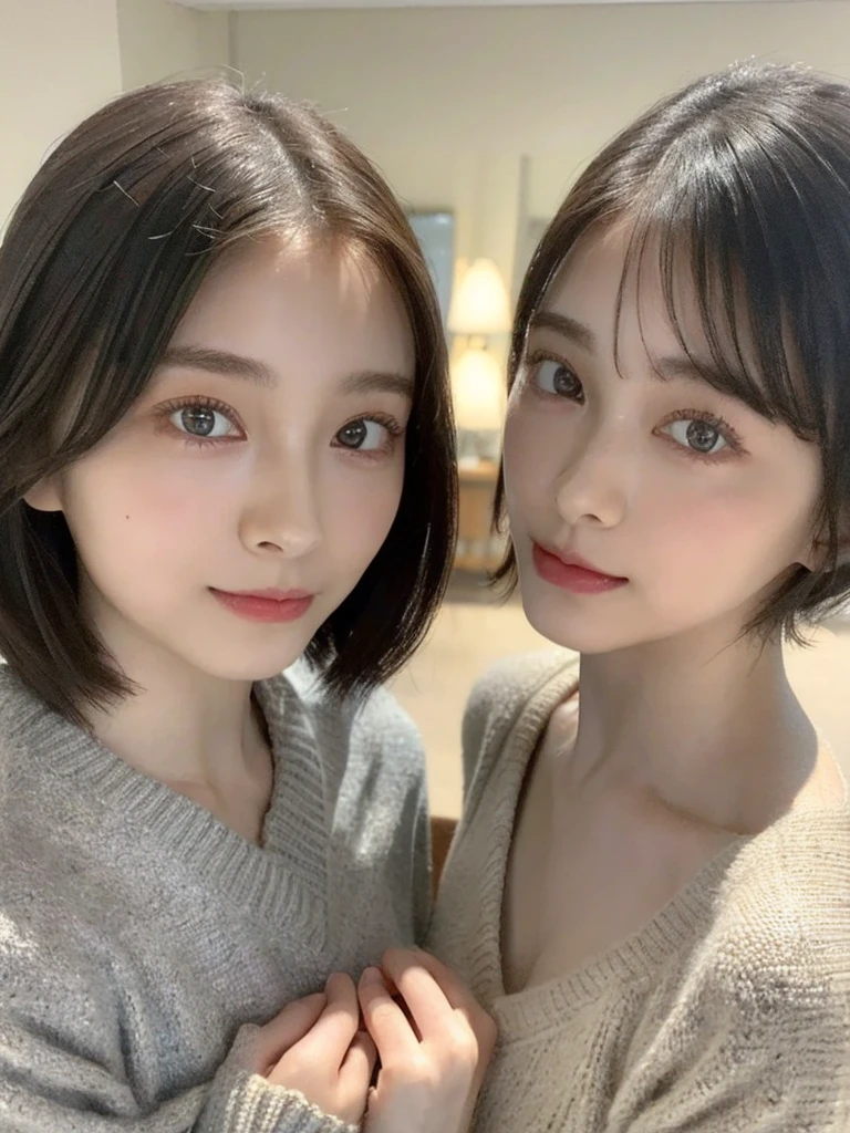 (masterpiece:1.3), (8k, Photoreal, Raw photo, best image quality: 1.4), Japanese high school girl、(random hairstyle:1.2)、cleavage:1.5、super detail face、eye for details、double eyelid、chest to chest、sharp focus:1.2、Beautiful woman:1.4、light brown hair、highest quality、masterpiece、超A high resolution、(Photoreal:1.4)、Highly detailed and professionally lit smiles、loose and light knitwear、shoulder out、thin、serious expression、short haired、deadly position
similar identical twins
All the girls have the exact same face, The two have the same face and figure, as if they were mirror images.