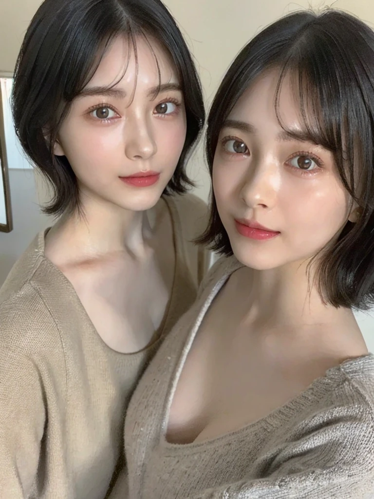 (masterpiece:1.3), (8k, Photoreal, Raw photo, best image quality: 1.4), Japanese high school girl、(random hairstyle:1.2)、cleavage:1.5、super detail face、eye for details、double eyelid、chest to chest、sharp focus:1.2、Beautiful woman:1.4、light brown hair、highest quality、masterpiece、超A high resolution、(Photoreal:1.4)、Highly detailed and professionally lit smiles、loose and light knitwear、shoulder out、thin、serious expression、short haired、deadly position
similar identical twins
All the girls have the exact same face, The two have the same face and figure, as if they were mirror images.