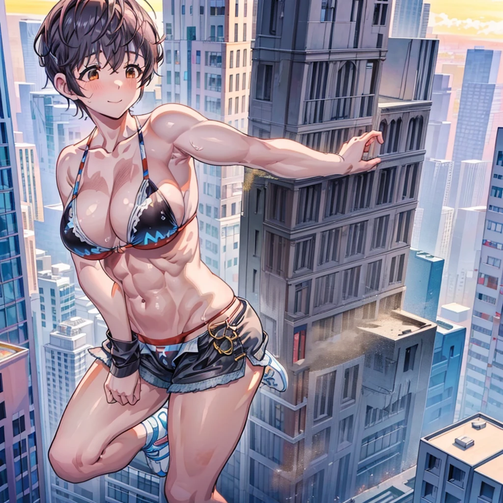 Composition viewed from below ((oikawa shizuku)) ((cow print bikini)) (((abdominal muscles))) ((muscular)) ((evening)) (()) ((sunset)) ((sunset)) cumulonis masterpiece ((Brown skin)) ((Sunburn)) Anime Style Delicate painting 4K 90's giant plural crowd ((Black Hair)) Metropolis crowd Crowd of people ((A huge Shizuku Oikawa standing in a valley between skyscrapers)) Metropolis Tokyo Akihabara Electric Town Big Breastsprofusely Splash sneakers White socks watch Black Hair smile female giant giant girl Whole body Crowd Unreal Engine,cleavage ,a drawing ofrings, long hair,Cute picture Beauty Analog style whole body sneake