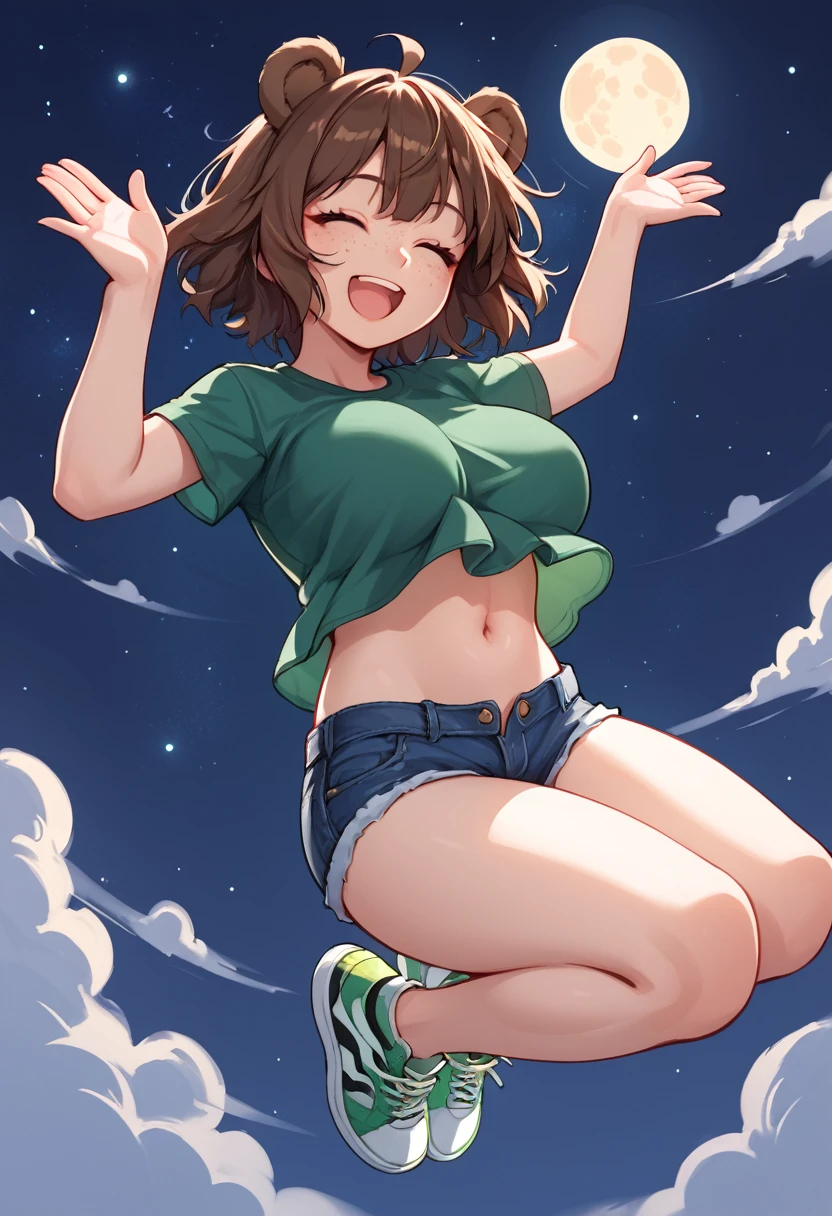 score_9_up, score_8_up, score_7_up, 1girl, solo, source_anime, hourglass figure, Big breasts, kemonomimi, bear ears, brown hair, short hair, messy_hair, closed eyes BREAK freckles, (dreaming she can fly), green shirt, short sleeves, navel, denim shorts, green sneakers, smile, open mouth, happy, (flying), spread arms, night sky, starry sky, moon, 