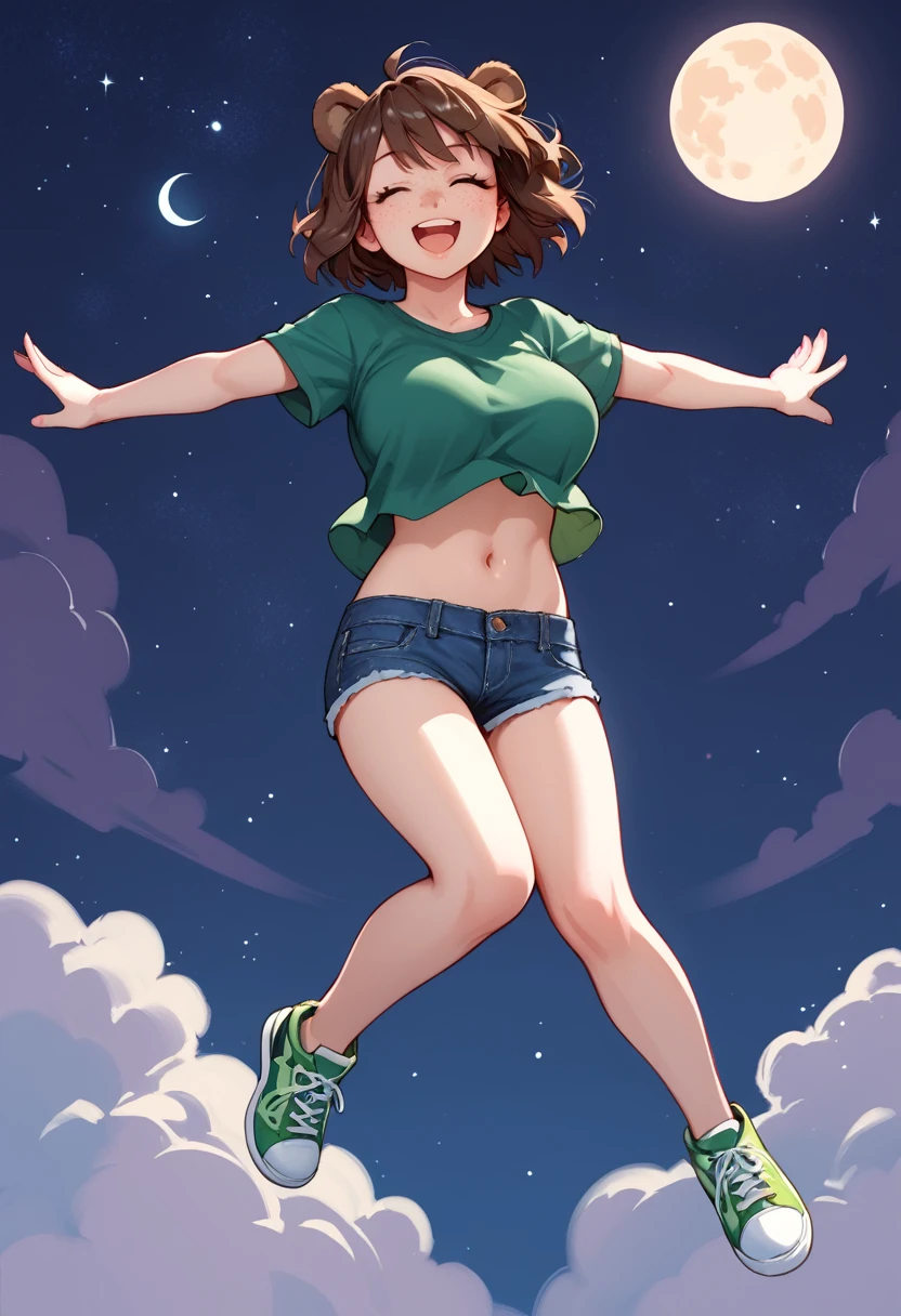 score_9_up, score_8_up, score_7_up, 1girl, solo, source_anime, hourglass figure, Big breasts, kemonomimi, bear ears, brown hair, short hair, messy_hair, closed eyes BREAK freckles, (dreaming she can fly), green shirt, short sleeves, navel, denim shorts, green sneakers, smile, open mouth, happy, (flying), spread arms, night sky, starry sky, moon,