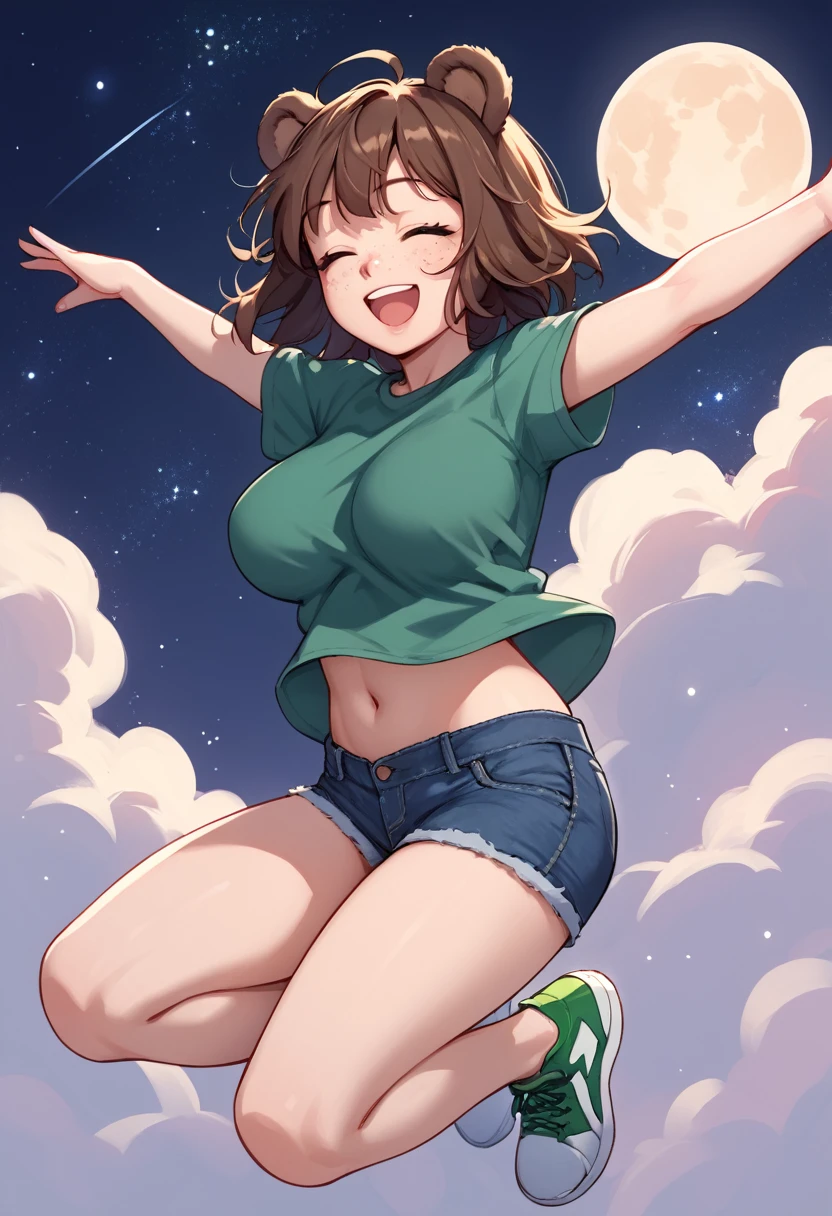 score_9_up, score_8_up, score_7_up, 1girl, solo, source_anime, hourglass figure, Big breasts, kemonomimi, bear ears, brown hair, short hair, messy_hair, closed eyes BREAK freckles, (dreaming she can fly), green shirt, short sleeves, navel, denim shorts, green sneakers, smile, open mouth, happy, (flying), spread arms, night sky, starry sky, moon, 