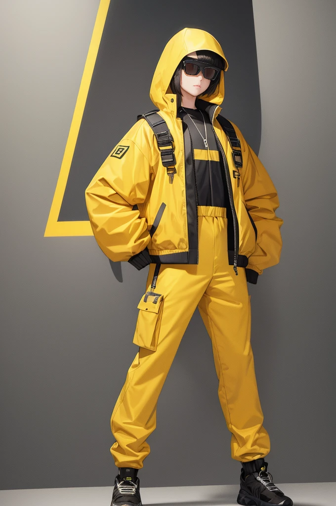 full body image, (ultra detailed,ultra high resolution,detailed background),((2d)),((flat color)),((dull color)), 1SOLO, looking at the viewer, baggy flight suit, oversized bomber jacket with sheepskin collar, (big yellow overshoes), plush collar, full body image, use VR glasses, ((Baron&#39;s Desert Intricut Fund)), ((apocalyptic city)), full body in frame, ((drone next to her))