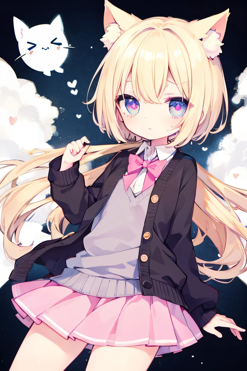 Blonde cardigan、Pink Skirt、Putting on a collar、Elementary school girl、platinum blonde short cut,Very beautiful and Shining Eyes、Shining Eyes、1 person、Cat ear、(((((Small body)))))、heart❤、((Sweat、vapor))