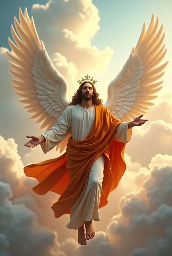 (photorealism:1.2), handsome Jesus Christ, floating in the sky with bigger white wing behind, wearing the king orange clothes and crown in the clouds of heaven, elegant king clothes, nice hair, outdoors, soft lighting, clouds and blue sky in a background, five fingers, two hands, brighter sunlight, perfect face, relaxed pose, realistic, intricate details, warm colors,
