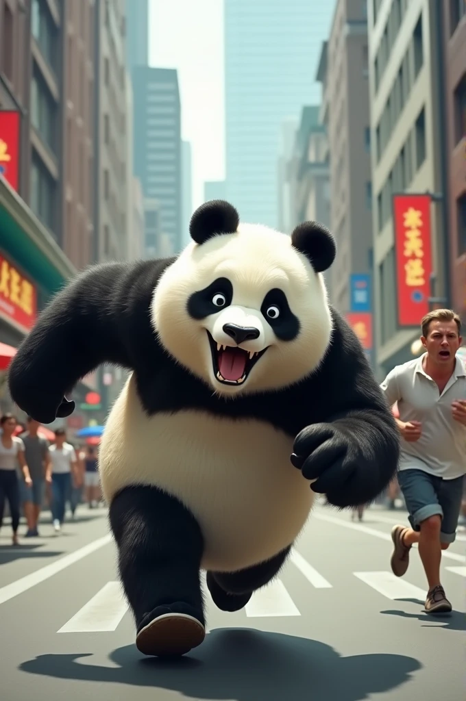 A panda chasing a man on the street