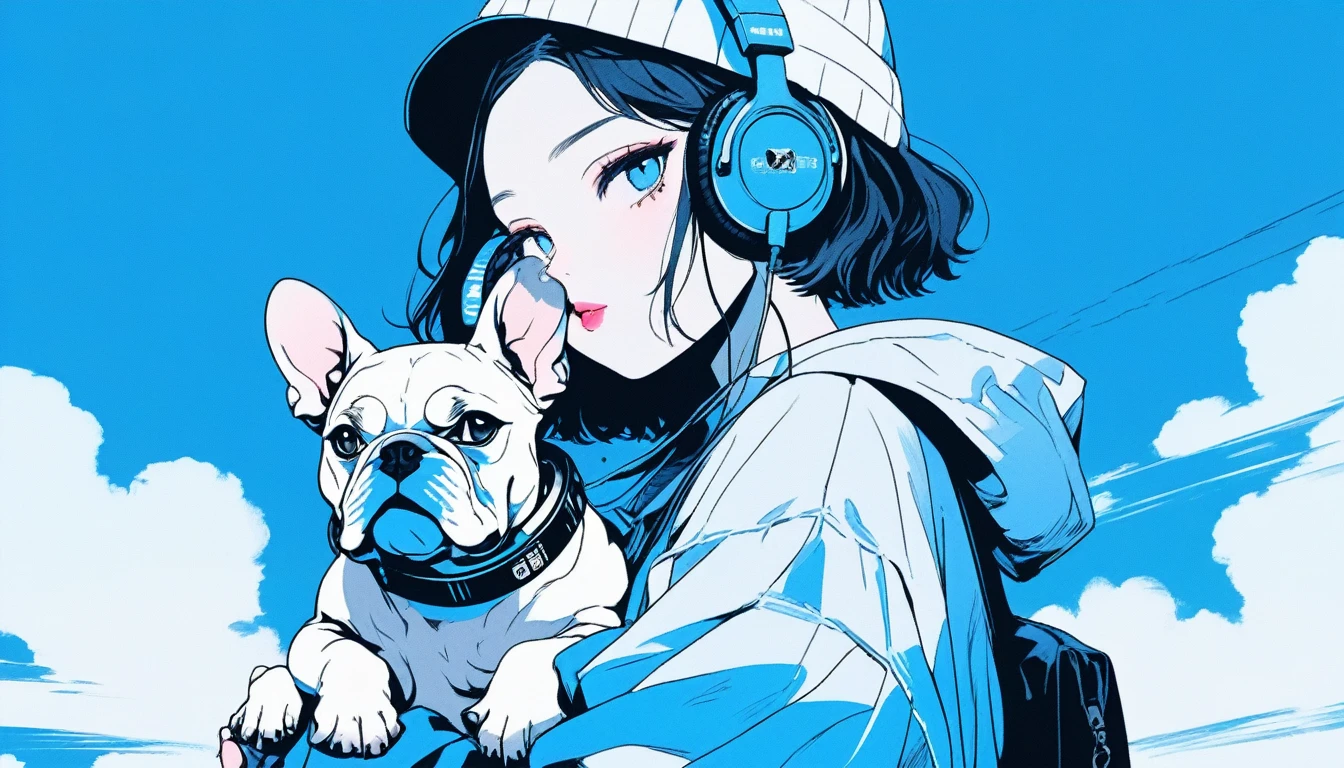 Illustrator, anime , Realistic ,sketch , An adult woman holding a cute bulldog puppy wearing headphones, lip, nail、T-shirt,order,Textured Trim, (masterpiece,Highest quality) Blue background, neonヘア,Textured Trim, Canadian, (masterpiece,Highest quality) Cancer，Summer landscape、night、neon、intersection、Vision、Dark Eyes、