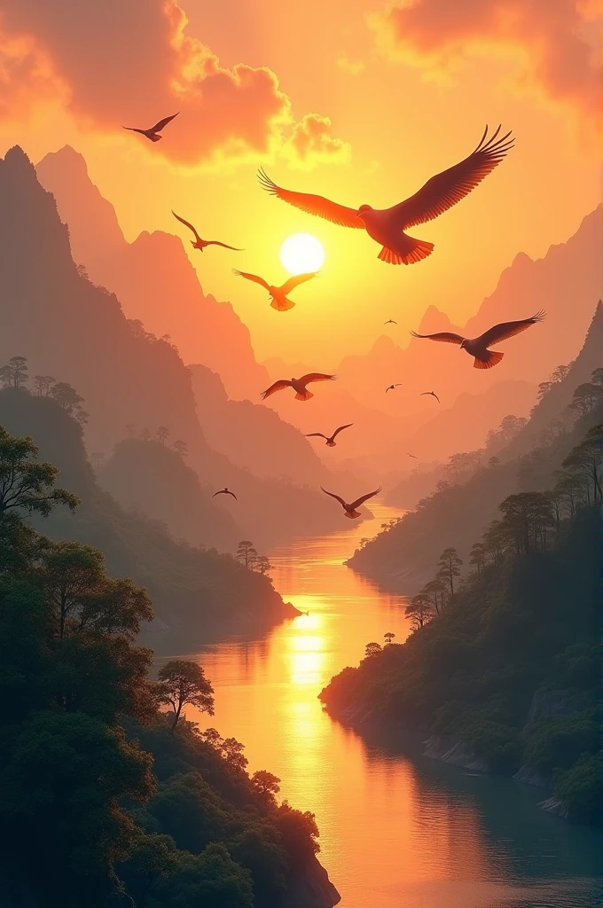 Flying birds river sunset dying