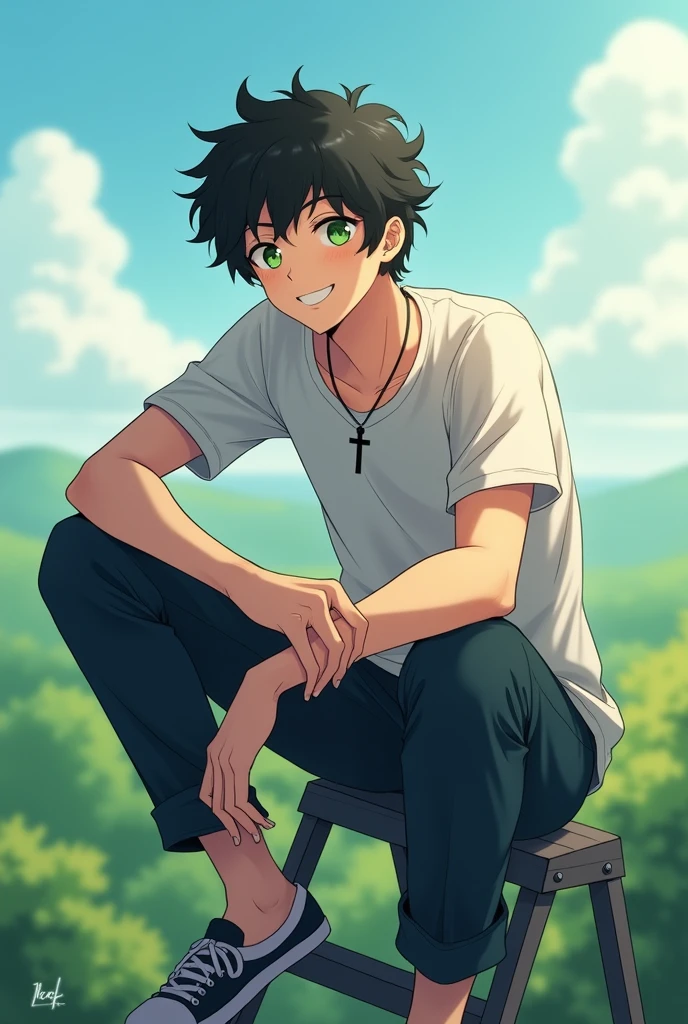 (anime style photo) Make a guy sitting on a ladder (the blurred background) with the arm crossed over one leg, with black curly hair, green eyes and smiling with fun watching the landscape wearing casual clothes and a black cross necklace looking at the horizon