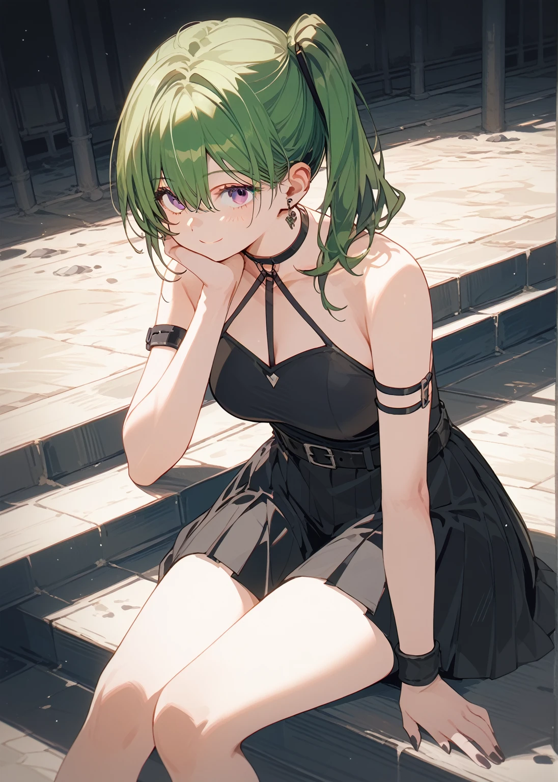 (masterpiece, The best quality at its best:1.2), alone, One huge breasted girl, Green Hair, bangs, Hair between the eyes, Side Ponytail, Purple eyes, A light smile, Black choker, clavicle, No sleeve, Black Dress, No sleeve dress, Halter neck, Pleated skirt, Black gloves, belt, Black footwear,、look up、Funeral of Frieren、Uber、sitting on the stairs with hand on chin、Alluring、Depiction from an angle、Highest rated on pixiv、whole body、Large Breasts
