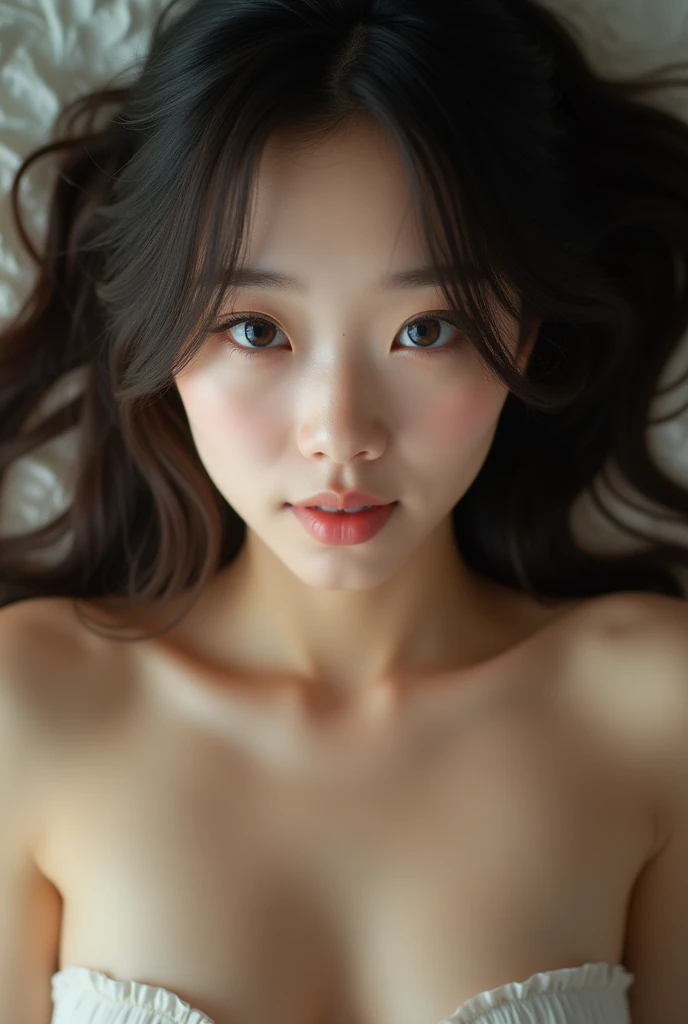 realistic photo, 25-year-old Japanese woman, nude, looking at the camera, from above, detailed face and body, natural lighting, high resolution, photorealistic, 32mm, (best quality,8k, high res,masterpiece:1.2),ultra-detailed,(realistic, photorealistic,photo-realistic:1.37), realistic skin texture, detailed eyes, and lips, beautifully detailed face, long eyelashes, smooth skin, natural body shape