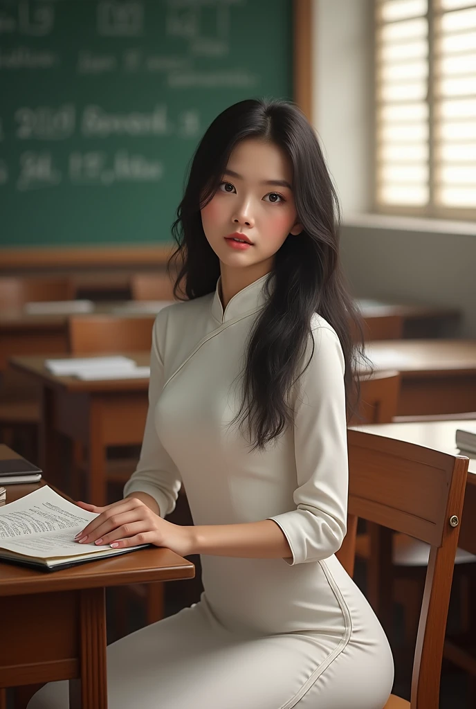 ((Ao Dai, big breasts, beautiful breasts, sitting on a chair in the classroom, 8k quality photo with good details))
