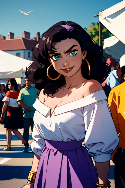 esmeralda( big fat body),hoop earrings, green eyes,hairband, long black hair, dark skin, bracelet, long purple skirt, white shirt, off shoulder,cleavage, looking at viewer, serious, smirk, standing, medium shot,  outside, market, crowd, blue sky, high quality, masterpiece, 