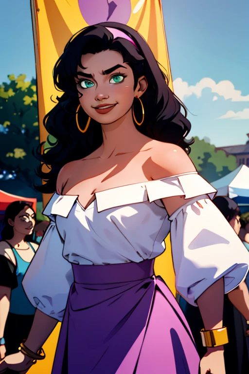 esmeralda( big fat body),hoop earrings, green eyes,hairband, long black hair, dark skin, bracelet, long purple skirt, white shirt, off shoulder,cleavage, looking at viewer, serious, smirk, standing, medium shot,  outside, market, crowd, blue sky, high quality, masterpiece, 