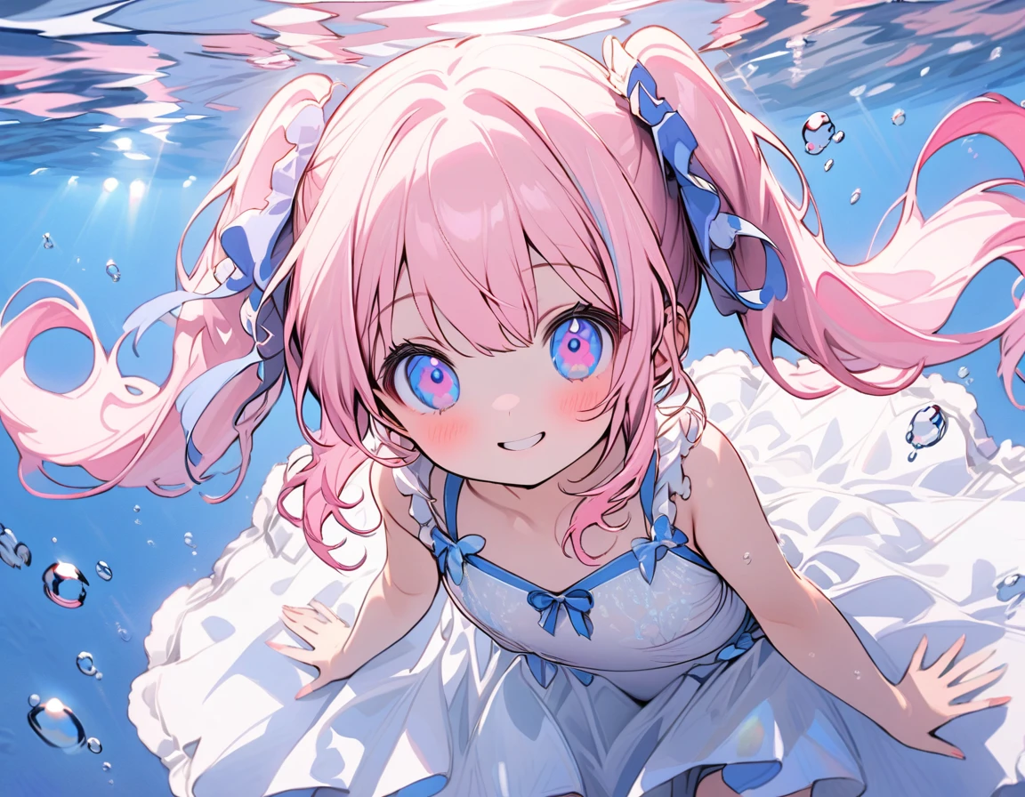 
masterpiece, best quality, hyper detailed, beautiful, 16K, absurdres,/visualize prompt: A cute girl  with pink hair styled in twin tails and wavy side-up, heterochromatic eyes, wearing a frilly two-piece swimsuit, swimming joyfully in crystal-clear ocean water, her movements graceful and carefree, the water shimmering with sunlight, casting playful reflections on her skin, her smile bright and full of happiness, the underwater scene vibrant and serene, with gentle currents adding a sense of tranquility, bubbles rising around her, the light diffusing through the water to create a dreamy, ethereal atmosphere --ar 2:3 --c 12 --s 600 --q 2