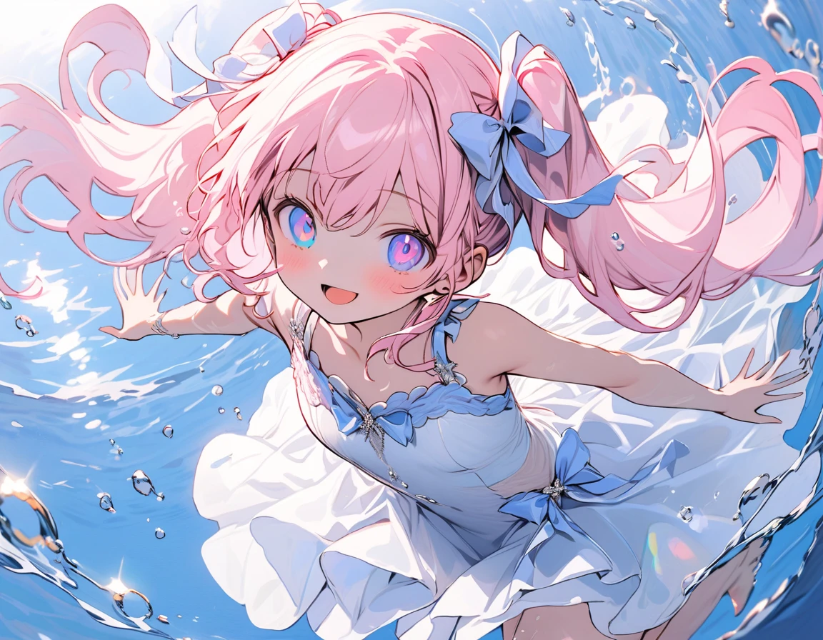 
masterpiece, best quality, hyper detailed, beautiful, 16K, absurdres,/visualize prompt: A cute girl around ten years old with pink hair styled in twin tails and wavy side-up, heterochromatic eyes, wearing a frilly two-piece swimsuit, swimming joyfully in crystal-clear ocean water, her movements graceful and carefree, the water shimmering with sunlight, casting playful reflections on her skin, her smile bright and full of happiness, the underwater scene vibrant and serene, with gentle currents adding a sense of tranquility, bubbles rising around her, the light diffusing through the water to create a dreamy, ethereal atmosphere --ar 2:3 --c 12 --s 600 --q 2