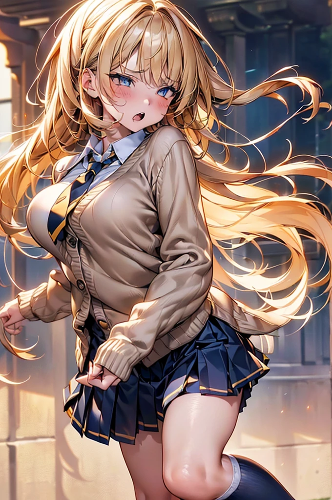 Browsing Caution,​(Highest quality, 8k, masterpiece:1.3,beautiful girl), (Very detailed)Glowing Skin,(((Long Hair,blonde,Beautiful Hair))),(Perfect Anatomy, Anatomically correct, Very detailed肌),((Golden Eyes)),((Perfect Fingers,Five Fingers)),((Light blue collared shirt, Navy pleated mini skirt, socks, Navy tie, Light brown cardigan, White knee socks)),Pink Panties,  Knee-high socks,Knee-high socks on both feet,Double teeth,Big Breasts,Big Ass,Get angry、とてもGet angry、garden、((顔を赤くしてGet angry))