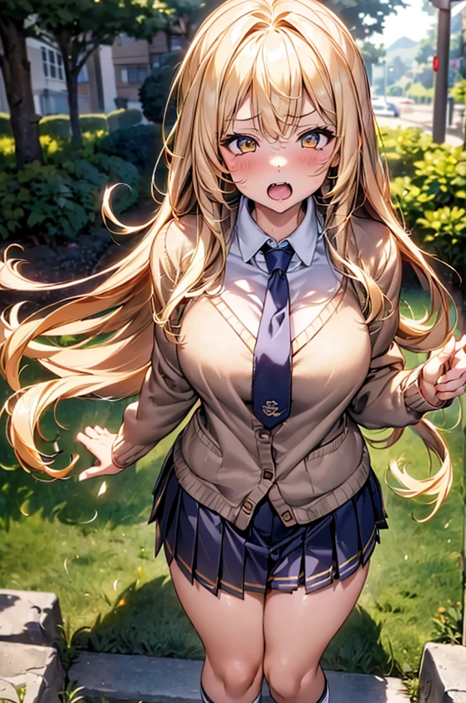 Browsing Caution,(Highest quality, 8k, masterpiece:1.3,beautiful girl), (Very detailed)Glowing Skin,(((Long Hair,blonde,Beautiful Hair))),(Perfect Anatomy, Anatomically correct, Very detailed肌),((Golden Eyes)),((Perfect Fingers,Five Fingers)),((Light blue collared shirt, Navy pleated mini skirt, socks, Navy tie, Light brown cardigan, White knee socks)),Pink Panties, Knee-high socks,Knee-high socks on both feet,Double teeth,Big Breasts,Big Ass,Get angry、とてもGet angry、garden、((顔を赤くしてGet angry))
