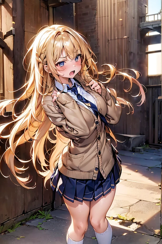 Browsing Caution,​(Highest quality, 8k, masterpiece:1.3,beautiful girl), (Very detailed)Glowing Skin,(((Long Hair,blonde,Beautiful Hair))),(Perfect Anatomy, Anatomically correct, Very detailed肌),((Golden Eyes)),((Perfect Fingers,Five Fingers)),((Light blue collared shirt, Navy pleated mini skirt, socks, Navy tie, Light brown cardigan, White knee socks)),Pink Panties,  Knee-high socks,Knee-high socks on both feet,Double teeth,Big Breasts,Big Ass,Get angry、とてもGet angry、garden、((顔を赤くしてGet angry))