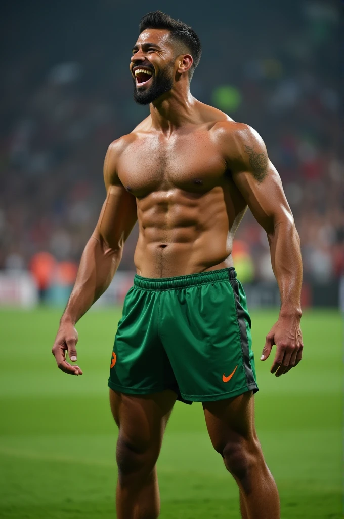 A football player in just his green shorts, showing his big, thick cock and his testicles too. With a look of pleasure and cumming