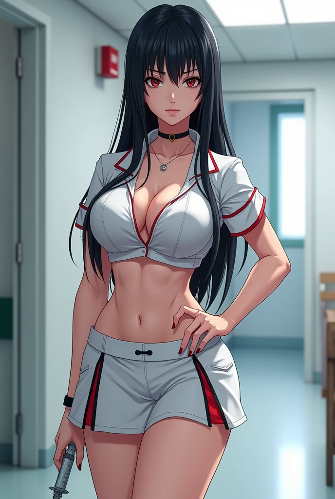 A female version of Geto Suguru wearing a miniskirt nurse uniform.