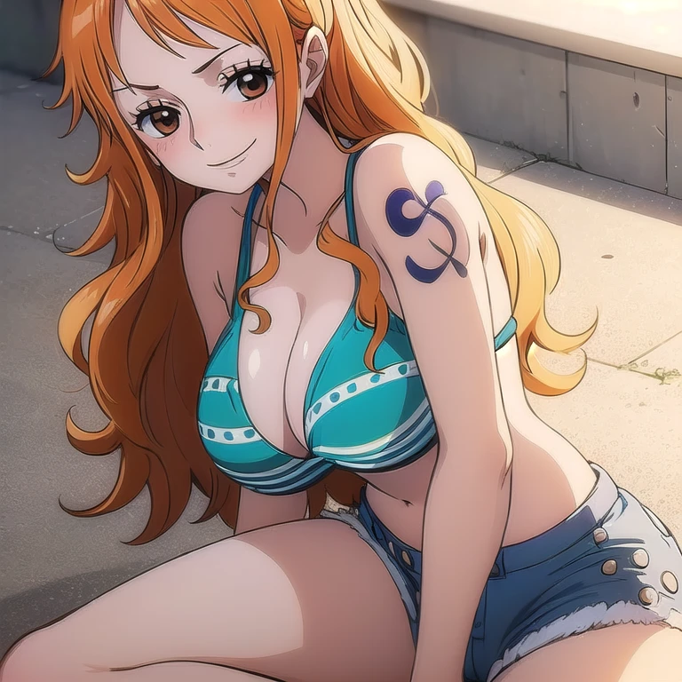 An arafe woman wearing a bikini top and super miniskirt and holding a sword, Squatting with M-shaped legs、White shorts visible under the miniskirt、nami one piece, beautiful portrait of nami,White panties visible from the miniskirt、Squatting with M-shaped legs、 Nami of one piece,Nami in super miniskirt, Detailed Digital Anime Art, Cute exirobat showing white pants, Very detailed ArtGerm haha, deviantart artstation cgscosiety, realistic bikini, Swimsuit, fanart best artstation, ArtGerm. high detailing