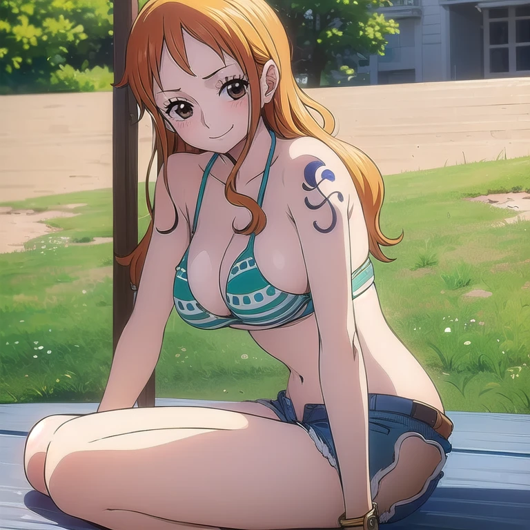 (((masterpiece))), (((best quality))), ((ultra-detailed)), (illustration), ((an extremely delicate and beautiful)), (beautiful detailed eyes),(((1girl solo))), denim shorts, bikini top, blush, outside, front view, sitting, one piece style, nami (one piece),big breasts, smile, watching the audience