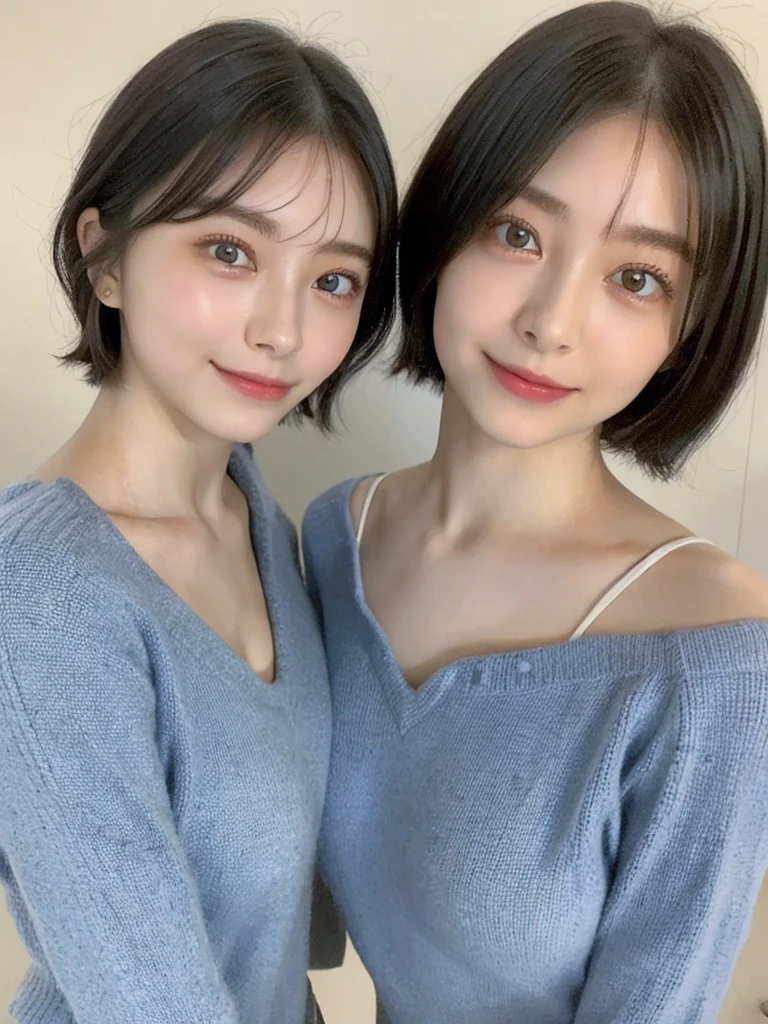 (masterpiece:1.3), (8k, Photoreal, Raw photo, best image quality: 1.4), Japanese high school girl、(random hairstyle:1.2)、cleavage:1.5、super detail face、eye for details、double eyelid、chest to chest、sharp focus:1.2、Beautiful woman:1.4、light brown hair、highest quality、masterpiece、超A high resolution、(Photoreal:1.4)、Highly detailed and professionally lit smiles、loose and light knitwear、shoulder out、thin、serious expression、short haired、deadly position
similar identical twins
All the girls have the exact same face, The two have the same face and figure, as if they were mirror images.